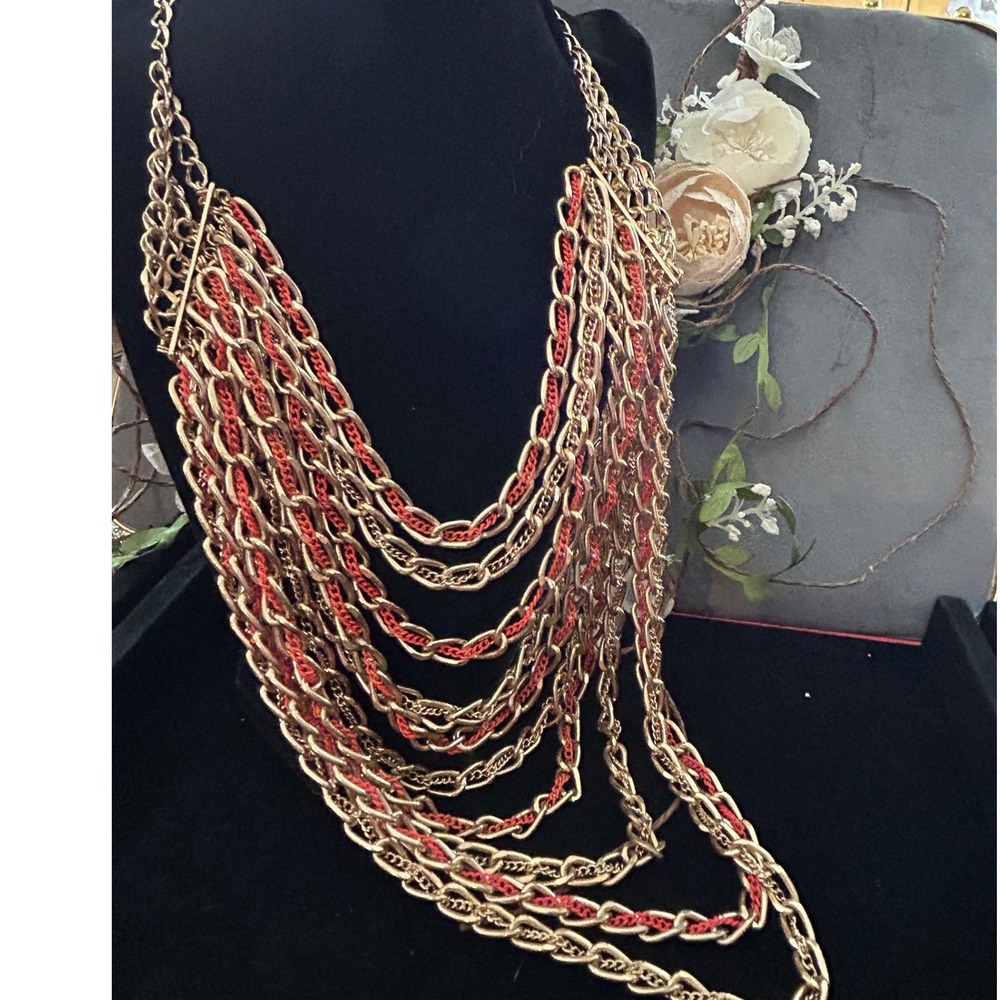 Vintage Style Multi Strand Gold Tone Chain Necklace w/ Red Woven Accent